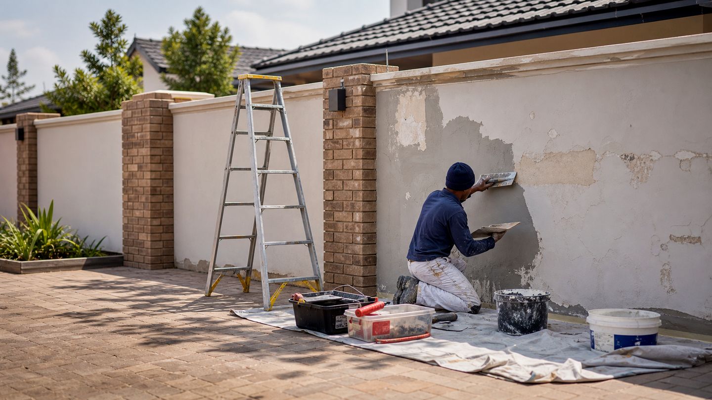 Building maintenance and repair work on an exterior property surface - view 2