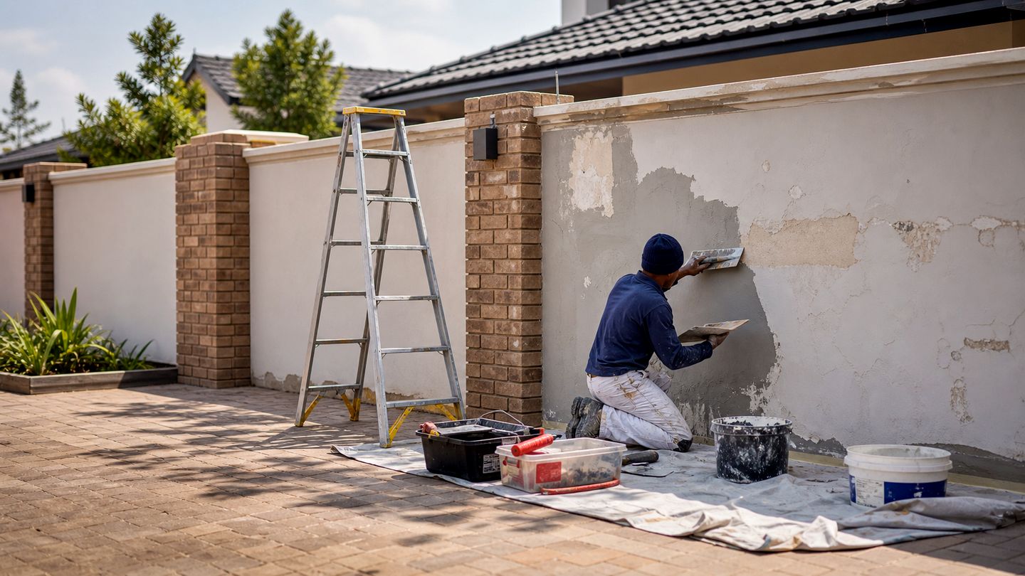 Building maintenance and repair work on an exterior property surface - view 3