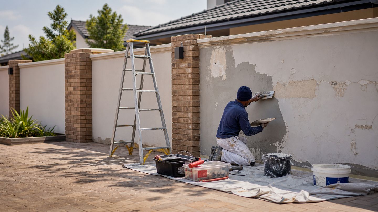 Building maintenance and repair work on an exterior property surface - view 13