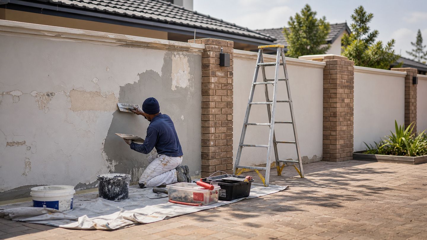 Building maintenance and repair work on an exterior property surface - view 16