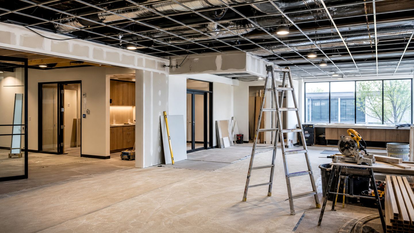 Commercial renovation interior with ceiling work, drywall and site tools - view 10