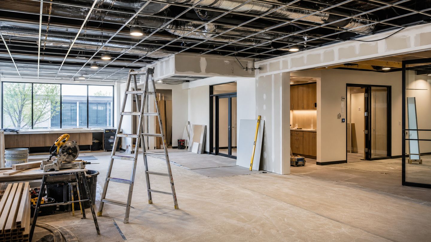 Commercial renovation interior with ceiling work, drywall and site tools - view 16