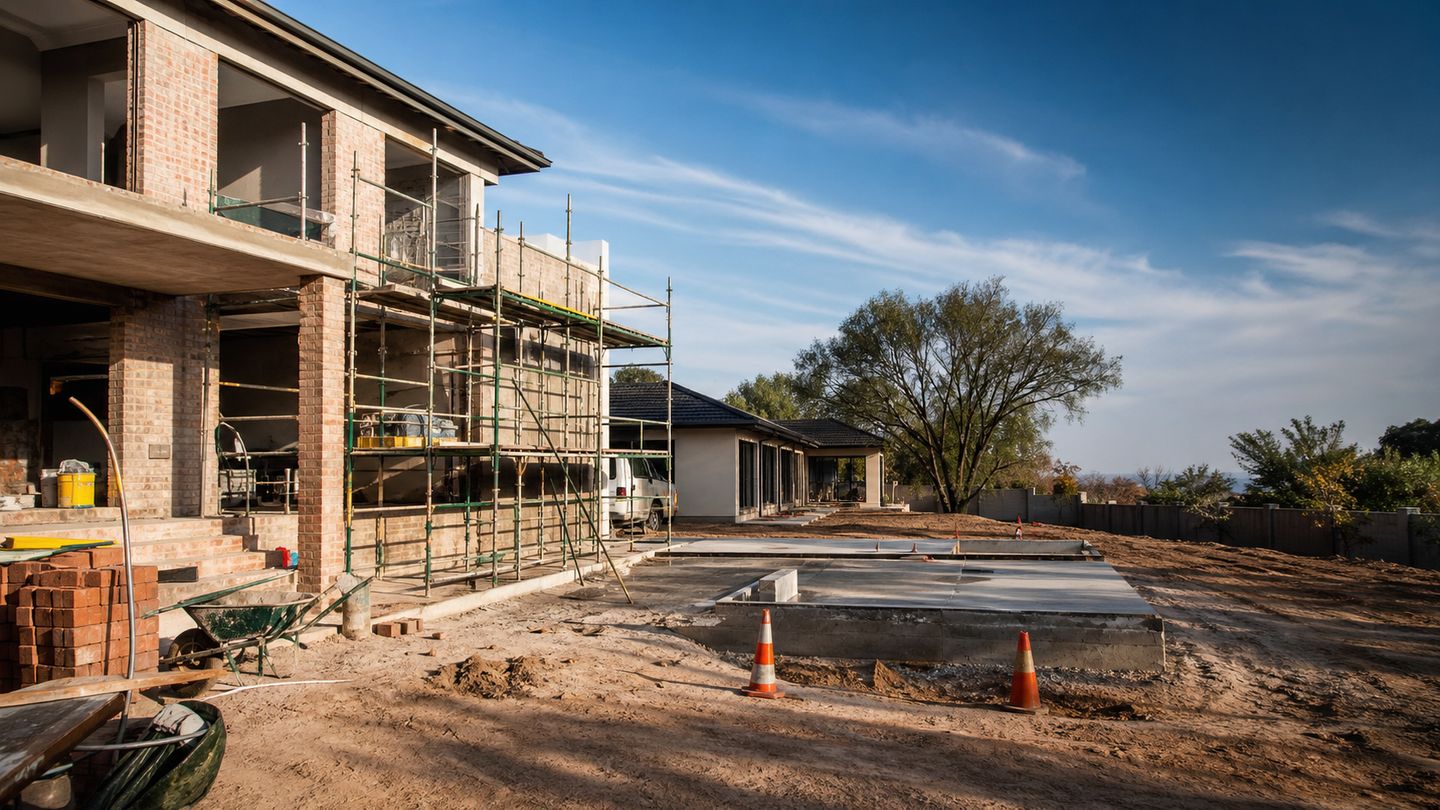 Construction work with brickwork, scaffolding and site activity in Gauteng - view 16